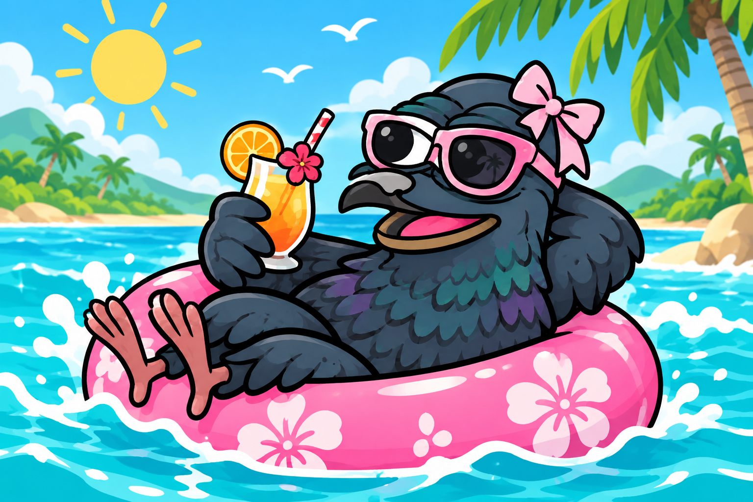 Pigeon floating on a pool ring