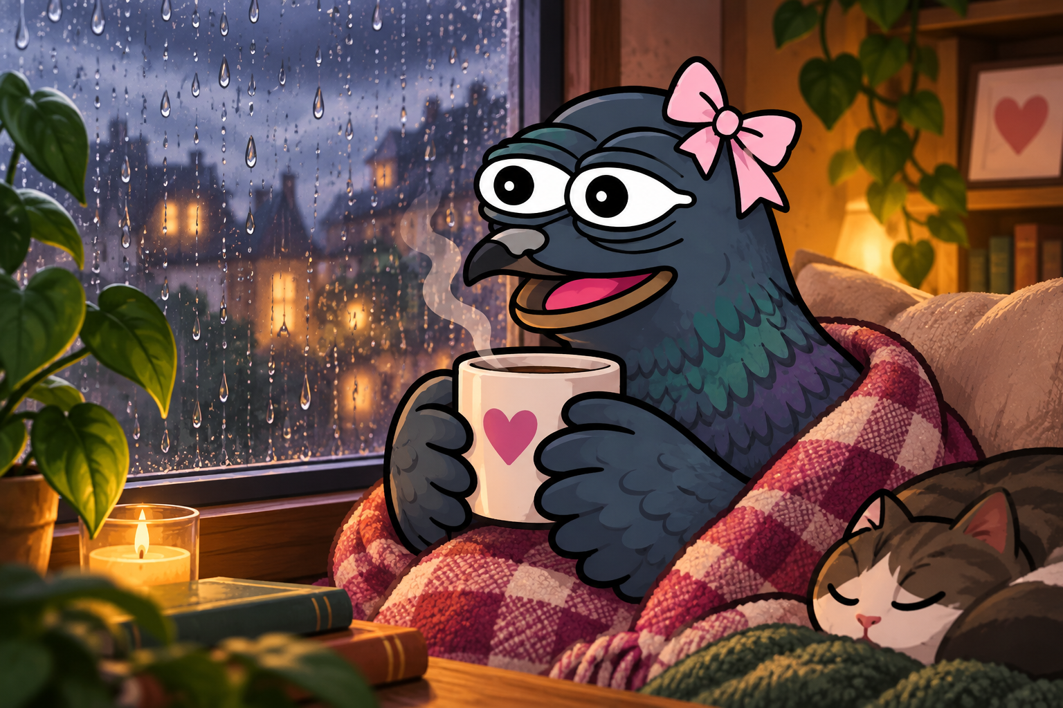 Pigeon cozy with a cup of cocoa