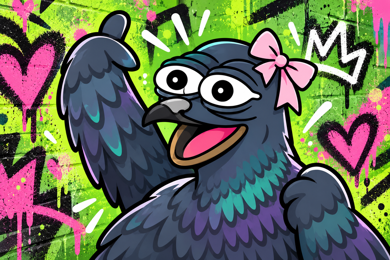 Pigeon in front of graffiti wall