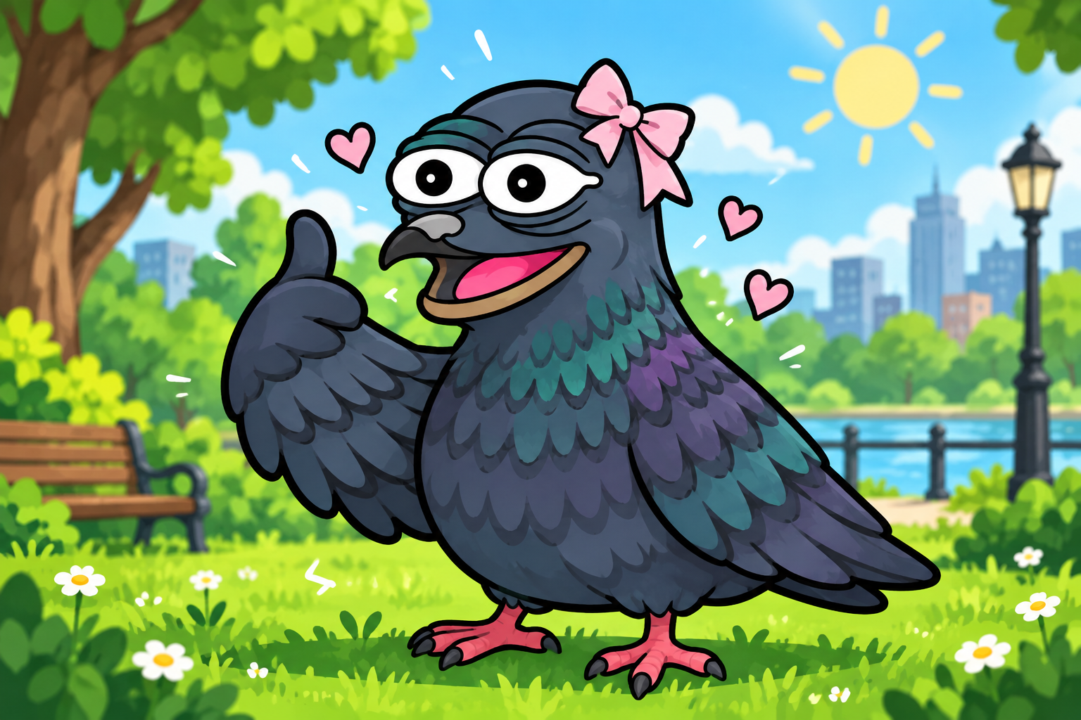 Pigeon in the park giving a thumbs up