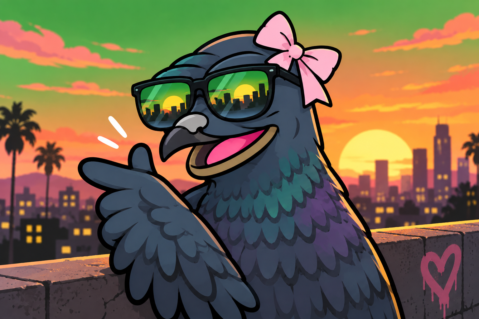 Pigeon with sunglasses at sunset